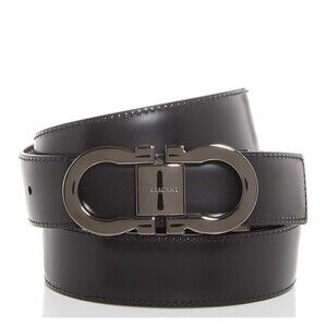 FERRAGAMO Men's Double Gancini Reversible Leather Belt, Black/Hickory